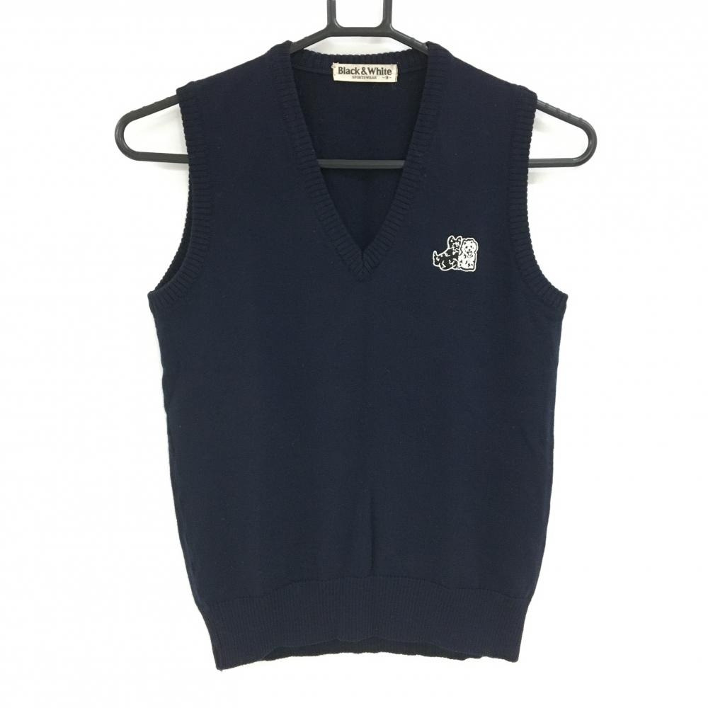 【美品】ブラックアンドホワイト ニットベスト ネイビー 犬刺しゅう Vネック ウール100％ レディース 9 ゴルフウェア Black＆White