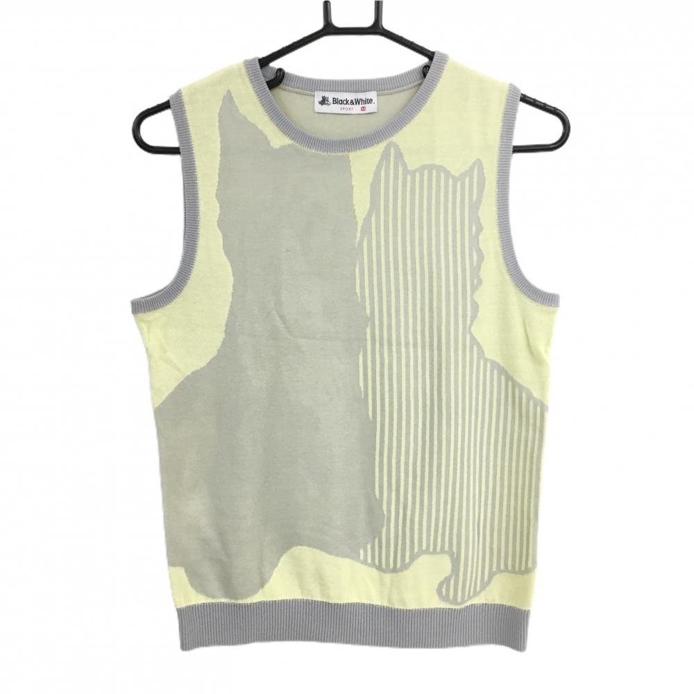 【超美品】ブラックアンドホワイト ニットベスト イエロー×グレー フロントロゴ 背面刺しゅう レディース  ゴルフウェア Black＆White