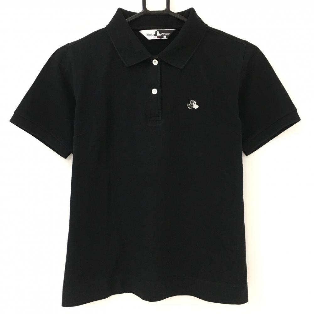 【美品】ブラックアンドホワイト 半袖ポロシャツ 黒 シンプル コットン混 レディース 2(M) ゴルフウェア Black＆White