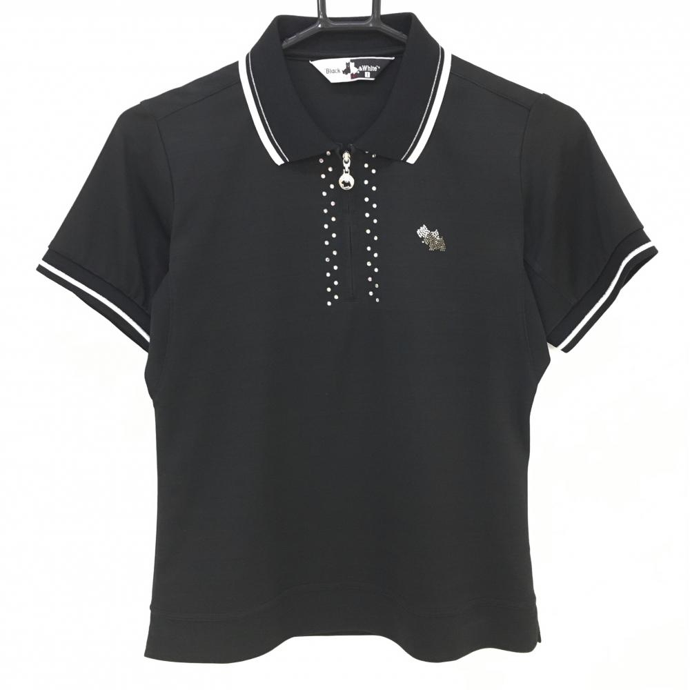 【美品】ブラックアンドホワイト 半袖ポロシャツ 黒×白 ラインストーン ハーフジップ  レディース 1(S) ゴルフウェア Black＆White