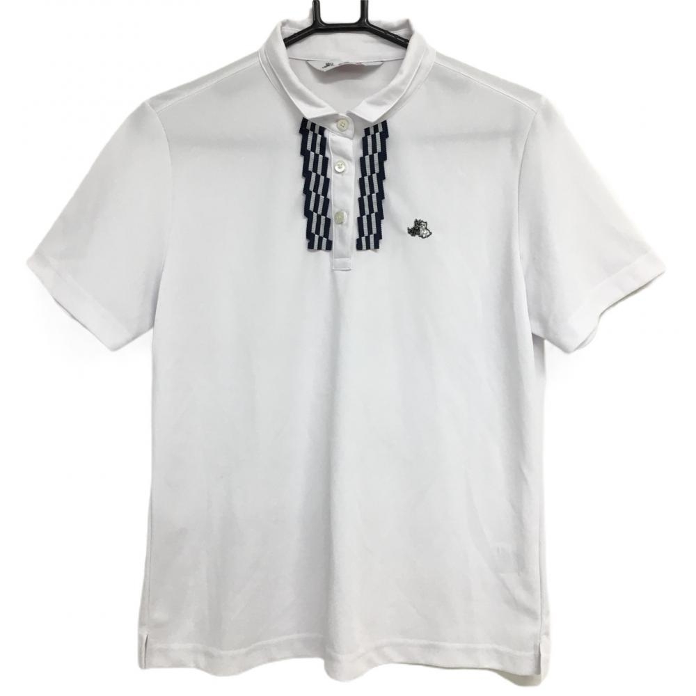 ブラックアンドホワイト 半袖ポロシャツ 白×ネイビー ロゴ刺しゅう リボン  レディース LL ゴルフウェア Black＆White