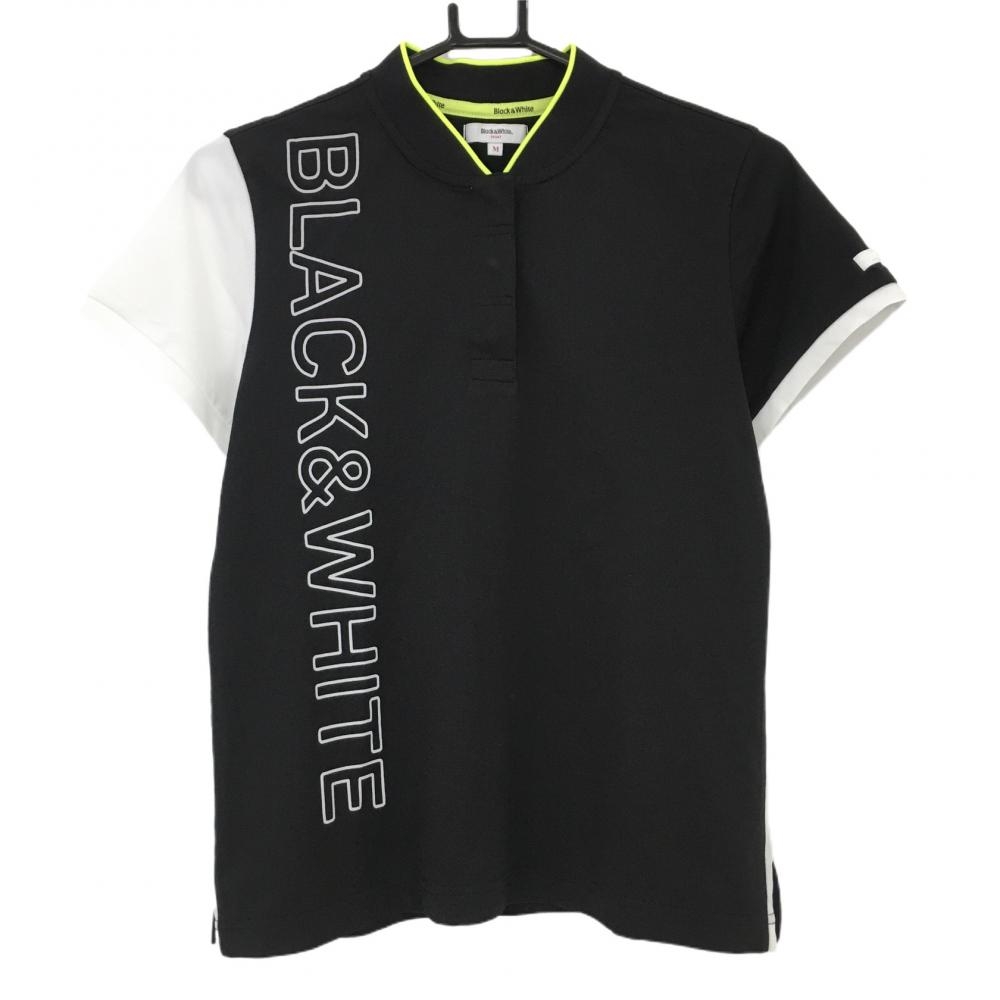 【超美品】ブラックアンドホワイト 半袖ポロシャツ 黒×白 サイドビッグロゴ  レディース Ｍ ゴルフウェア Black＆White