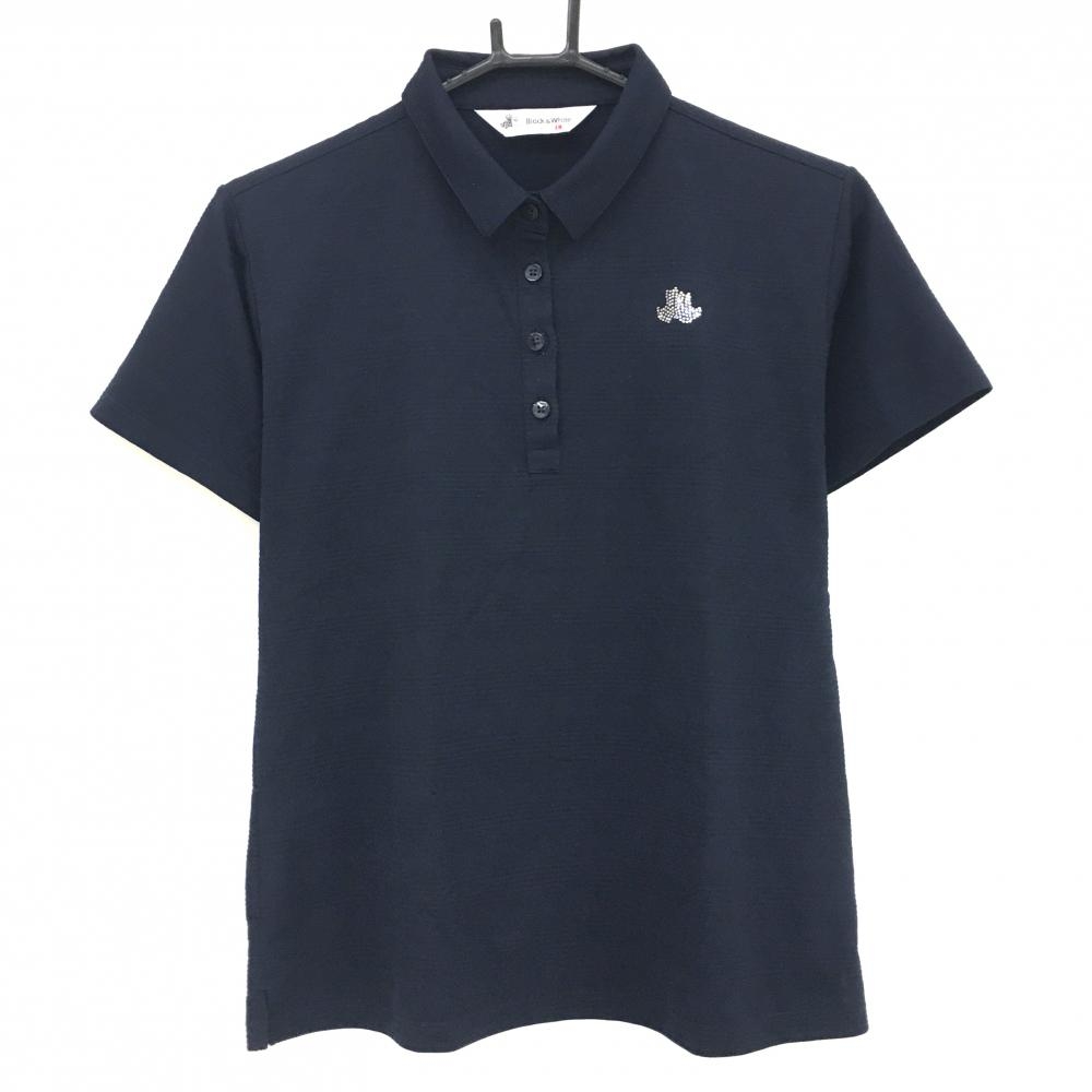 【超美品】ブラックアンドホワイト 半袖ポロシャツ ネイビー ボーダー調織生地 襟裏柄  レディース L ゴルフウェア Black＆White