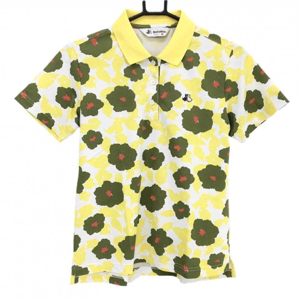【超美品】ブラックアンドホワイト 半袖ポロシャツ 白×イエロー 花柄 胸元ロゴ  レディース L ゴルフウェア Black＆White