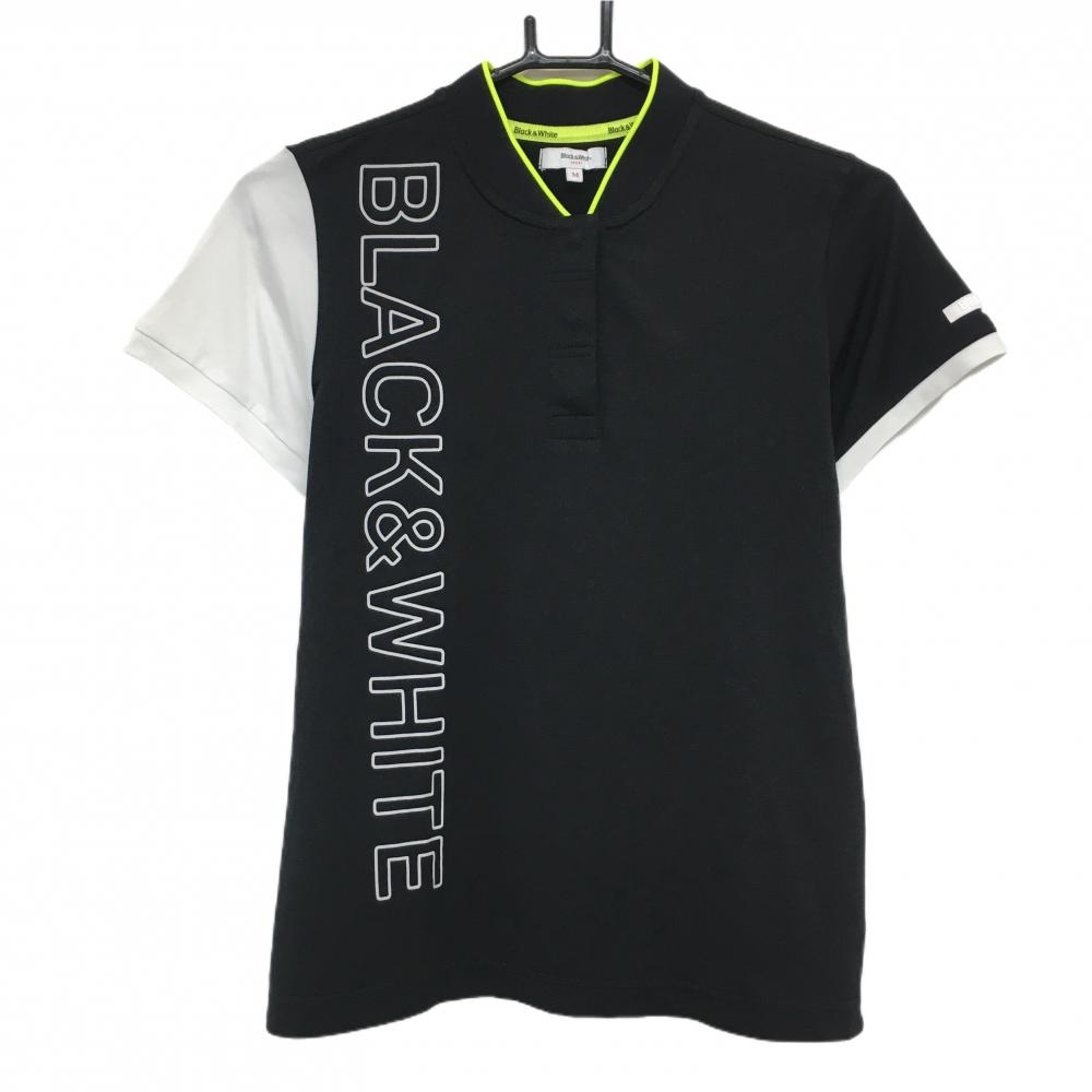 【美品】ブラックアンドホワイト 半袖ポロシャツ 黒×白 ロゴプリント スタンドカラー レディース M ゴルフウェア Black＆White