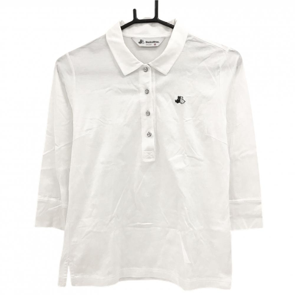 【美品】ブラックアンドホワイト 七分袖ポロシャツ 白 ロゴ刺しゅう  レディース M ゴルフウェア サンプル品 Black＆White