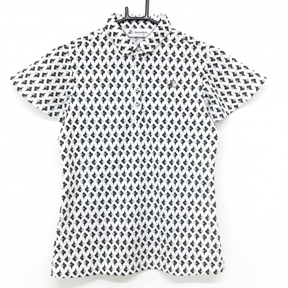 【美品】ブラックアンドホワイト 半袖ポロシャツ 白×黒 総柄  レディース M ゴルフウェア Black＆White