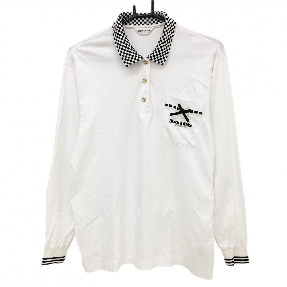 【美品】ブラックアンドホワイト 長袖ポロシャツ 白×黒 襟ブロックチェック 胸ポケットリボン レディース L ゴルフウェア Black＆White