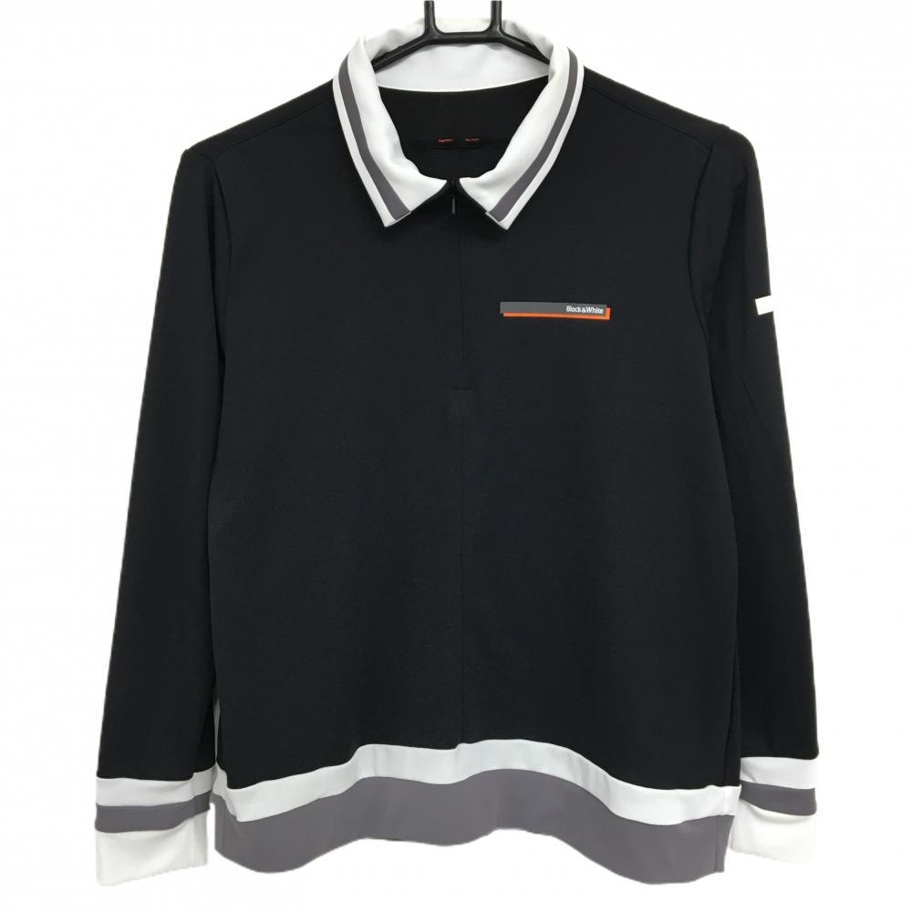 【美品】ブラックアンドホワイト 長袖ポロシャツ 黒×白×グレー 襟・袖口・裾ボーダー  レディース L ゴルフウェア Black＆White
