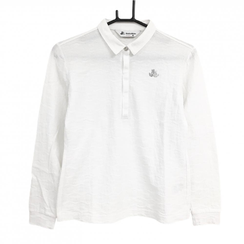 【超美品】ブラックアンドホワイト 長袖ポロシャツ 白 総柄織生地 ラインストーンロゴ レディース M ゴルフウェア Black＆White