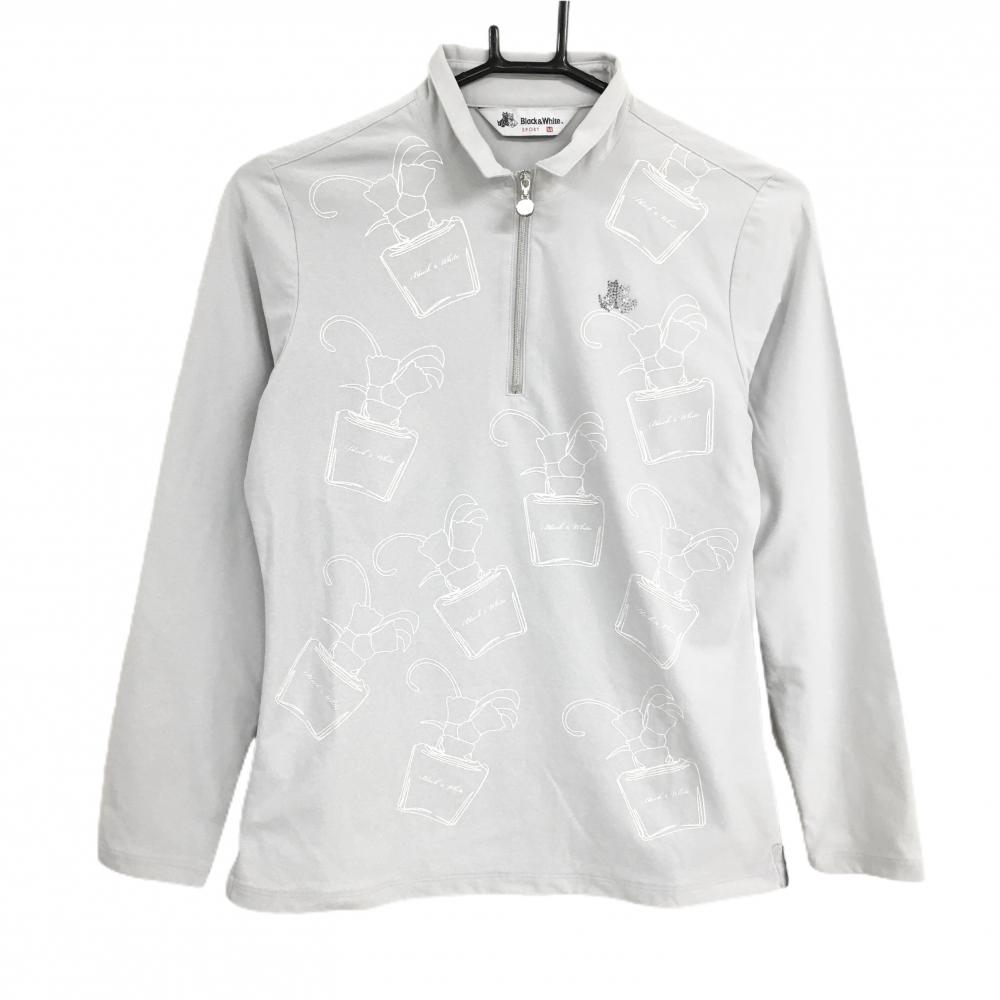 【超美品】ブラックアンドホワイト 長袖ポロシャツ ライトグレー×白 前身頃柄 ラメ レディース M ゴルフウェア Black＆White
