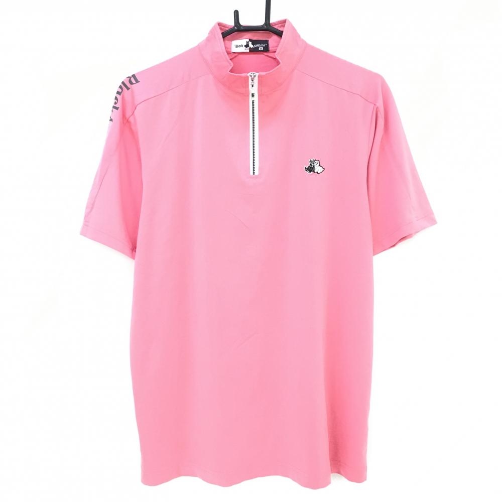 【美品】ブラックアンドホワイト 半袖ハイネックシャツ ピンク ハーフジップ レディース M ゴルフウェア Black＆White