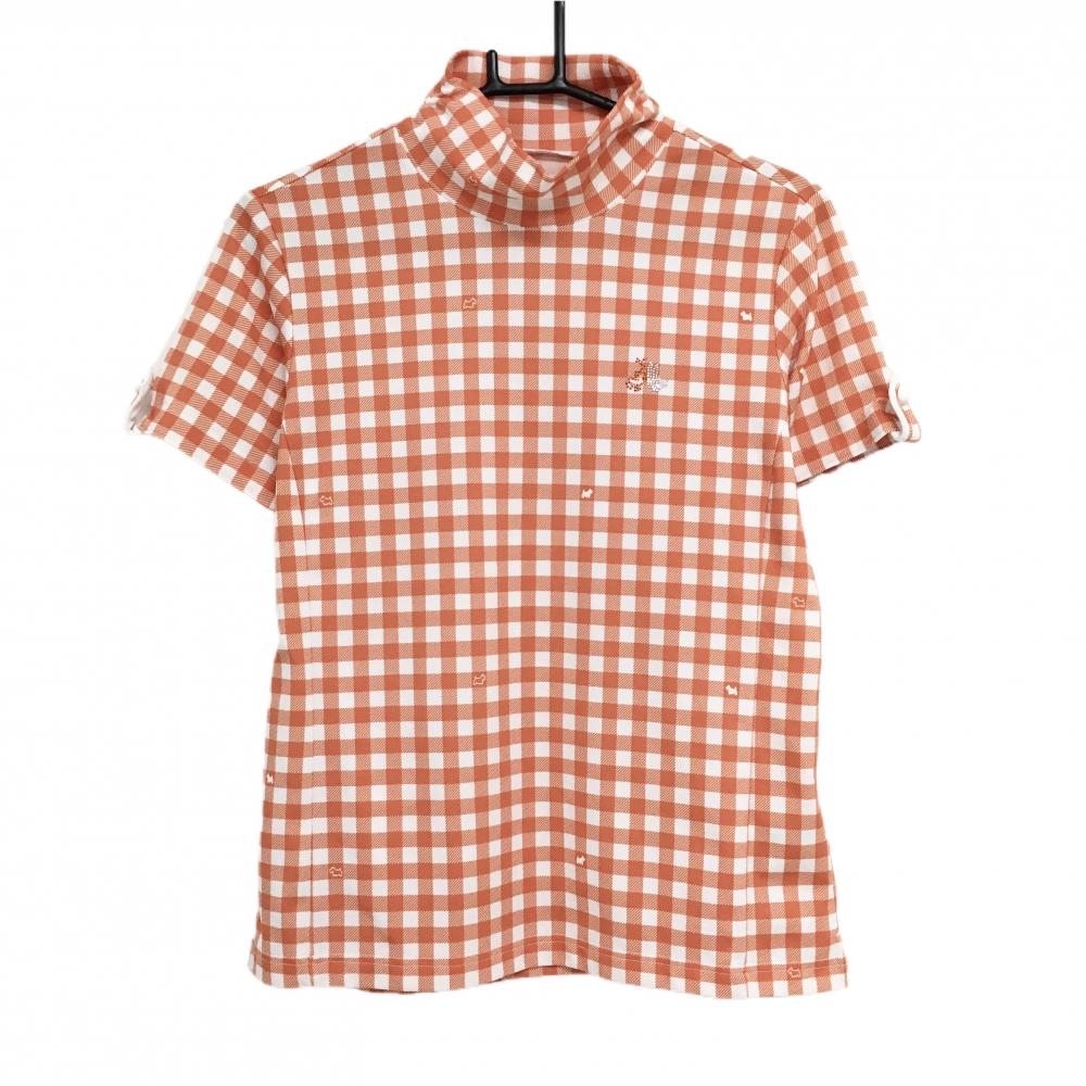 ブラックアンドホワイト 半袖ハイネックシャツ オレンジ×白 チェック柄 袖口飾りボタン  レディース 2(M) ゴルフウェア Black＆White