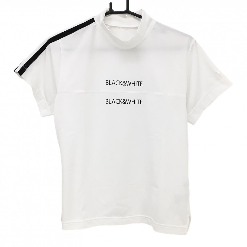 ブラックアンドホワイト 半袖ハイネックシャツ 白×黒 ロゴプリント 袖ワッペン レディース L ゴルフウェア Black＆White