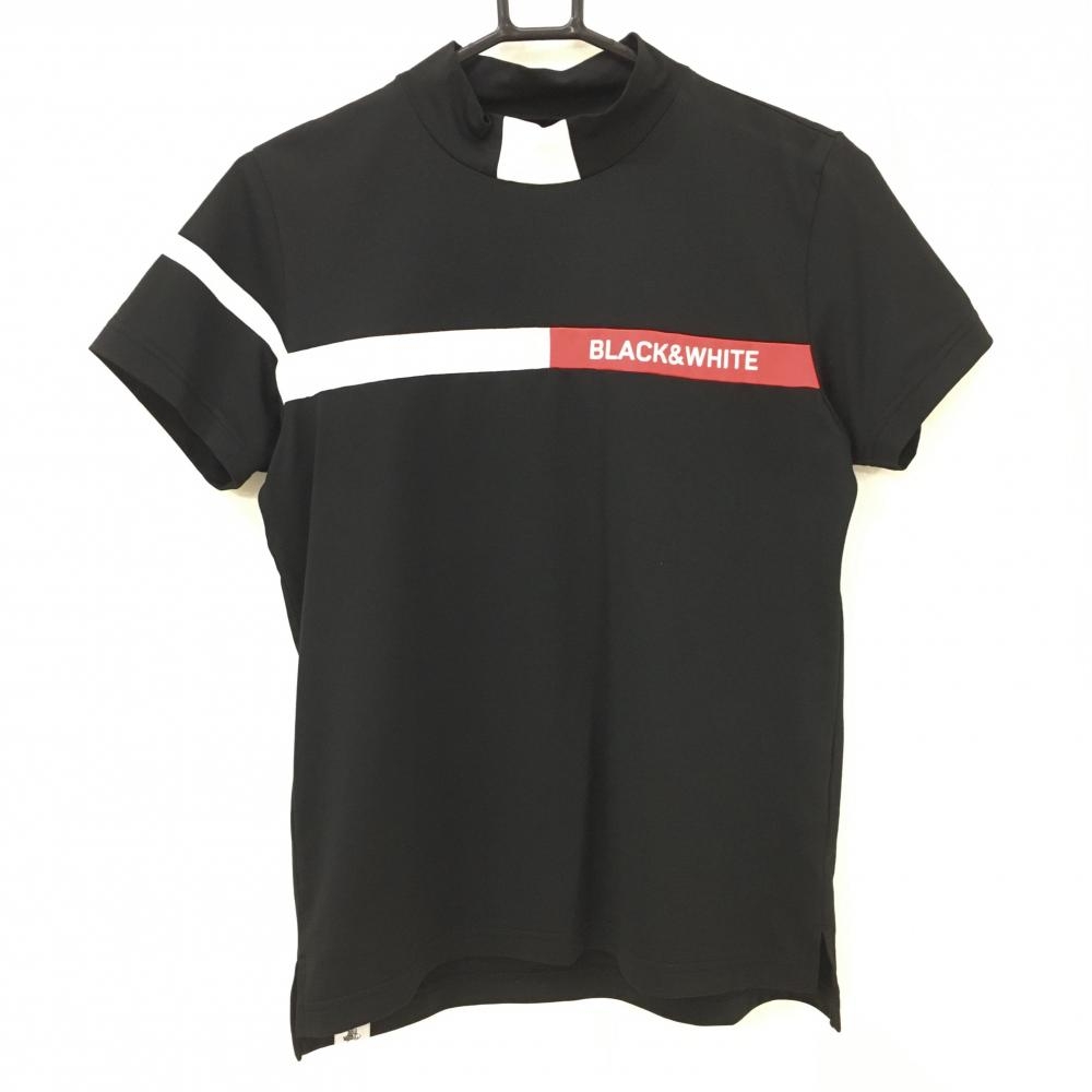 【超美品】ブラックアンドホワイト 半袖ハイネックシャツ 黒×白 胸元ライン バックロゴプリント レディース L ゴルフウェア Black＆White