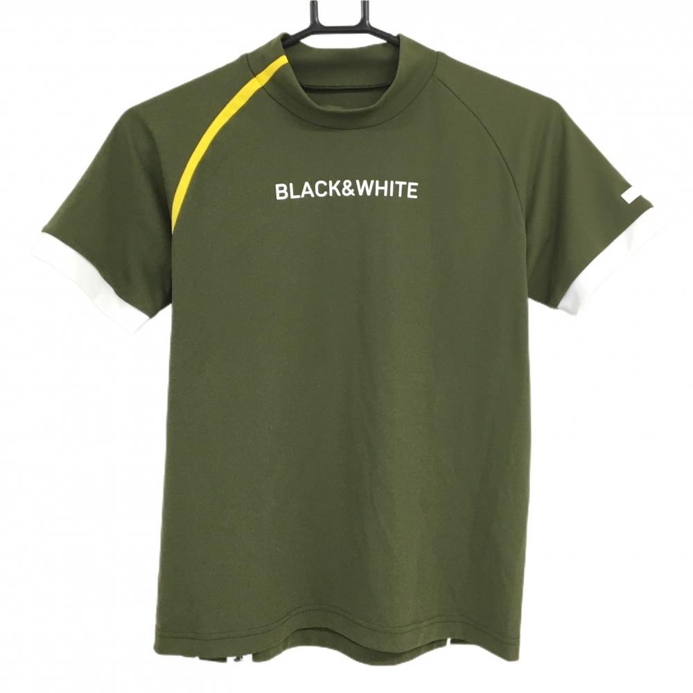 【美品】ブラックアンドホワイト 半袖ハイネックシャツ カーキ×白 フロントロゴ レディース M ゴルフウェア Black＆White