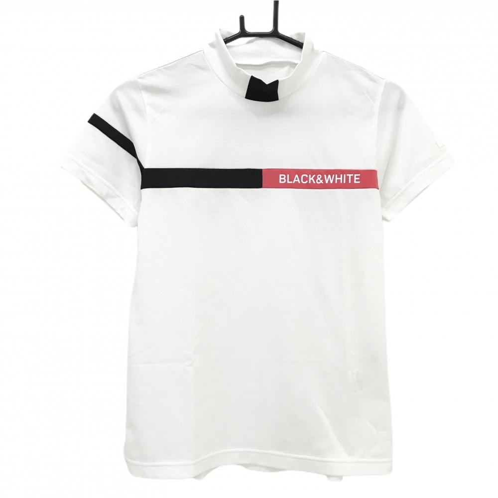 【超美品】ブラックアンドホワイト 半袖ハイネックシャツ 白 胸ライン バックロゴ  レディース M ゴルフウェア Black＆White