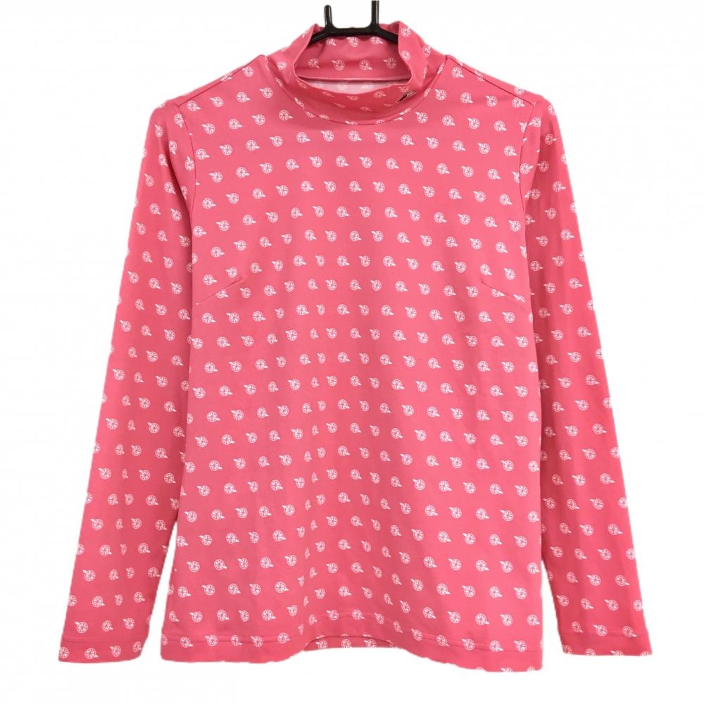 【美品】ブラックアンドホワイト 長袖ハイネックシャツ ピンク×白 総柄 ネックロゴ刺しゅう レディース L ゴルフウェア Black＆White