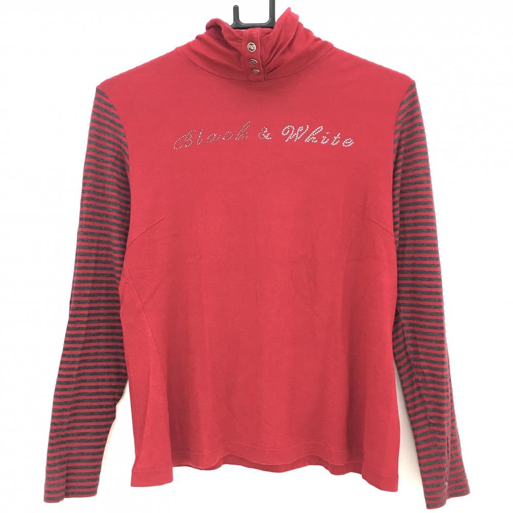 【美品】ブラックアンドホワイト 長袖ハイネックシャツ レッド×グレー 袖ボーダー  レディース 2(M) ゴルフウェア Black＆White