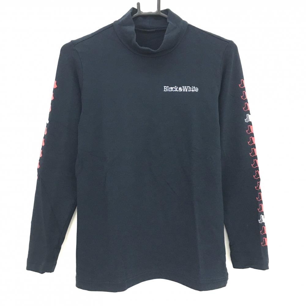 【美品】ブラックアンドホワイト 長袖ハイネックシャツ ネイビー スパンコールロゴ   レディース L ゴルフウェア Black＆White