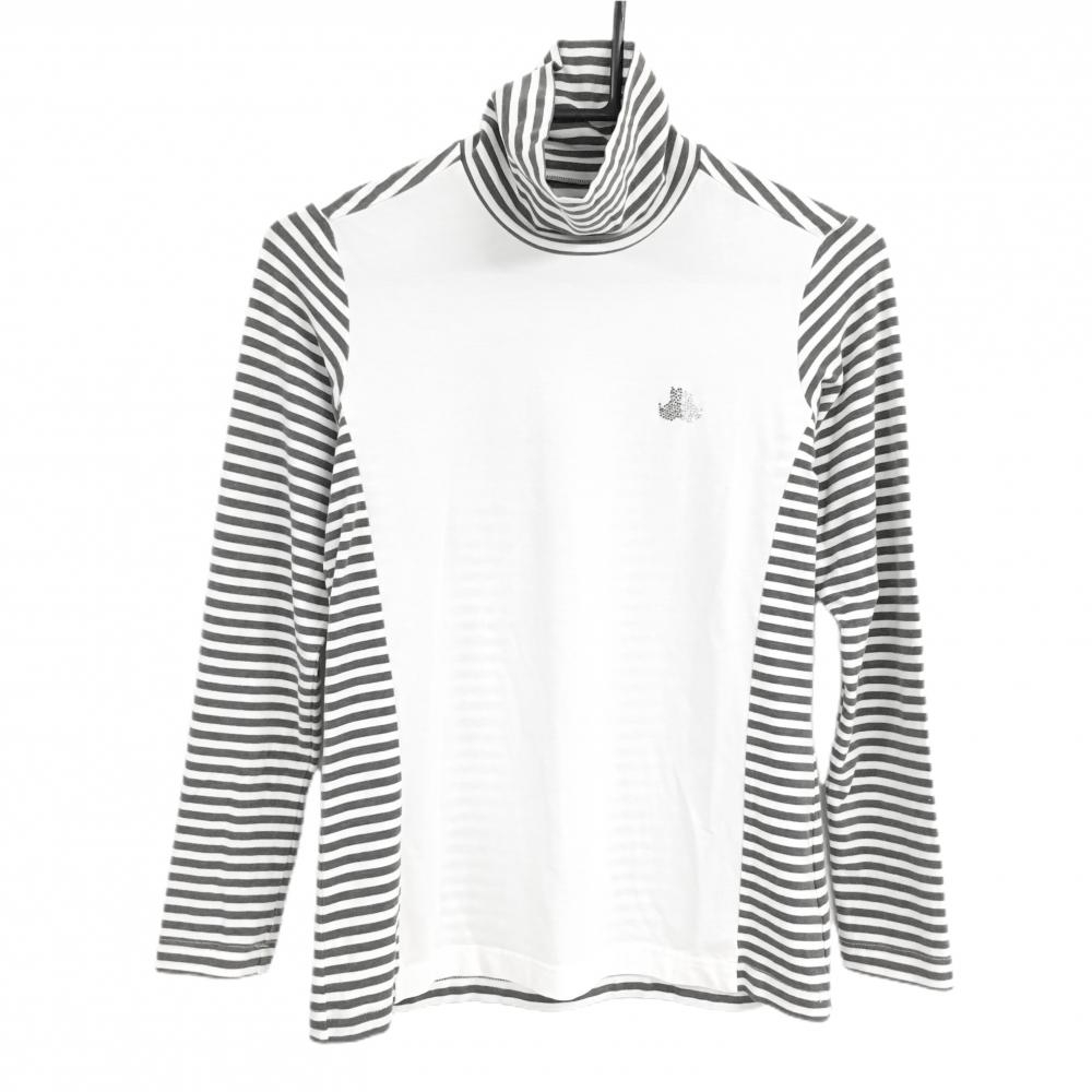 【美品】ブラックアンドホワイト 長袖タートルネックシャツ 白×ダークグレー ボーダー ボーダ レディース M ゴルフウェア Black＆White