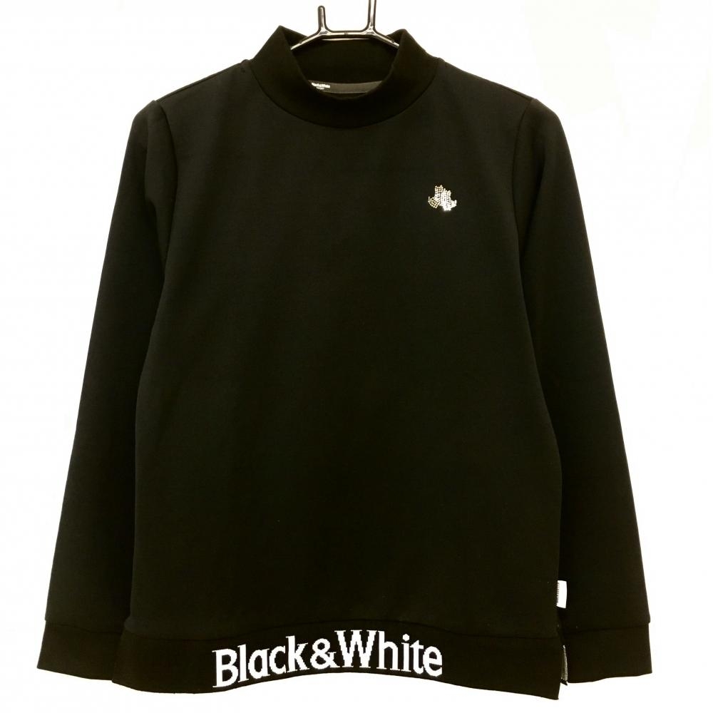 【美品】ブラックアンドホワイト 長袖ハイネックシャツ 黒×白 ラインストーンロゴ レディース L ゴルフウェア Black＆White