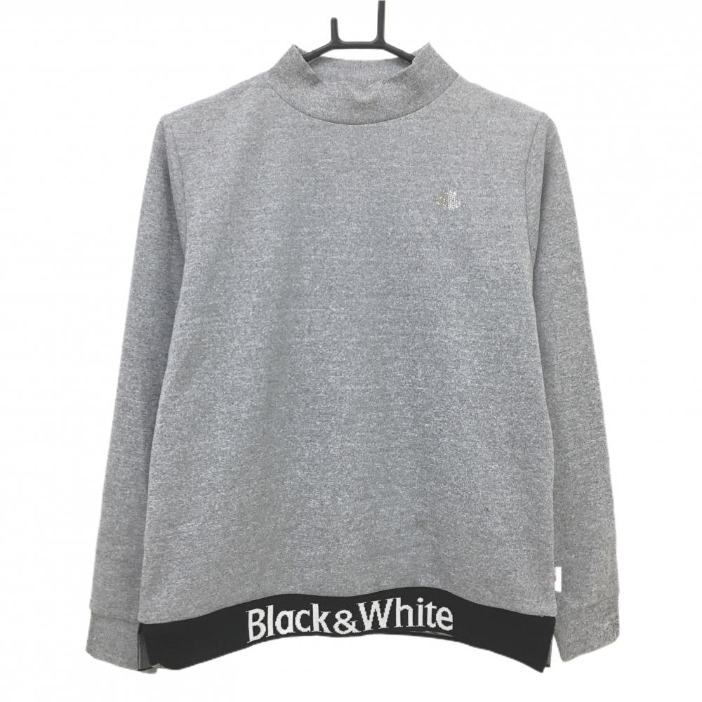 ブラックアンドホワイト 長袖ハイネックシャツ 杢グレー×黒 ラインストーンロゴ  レディース L ゴルフウェア Black＆White