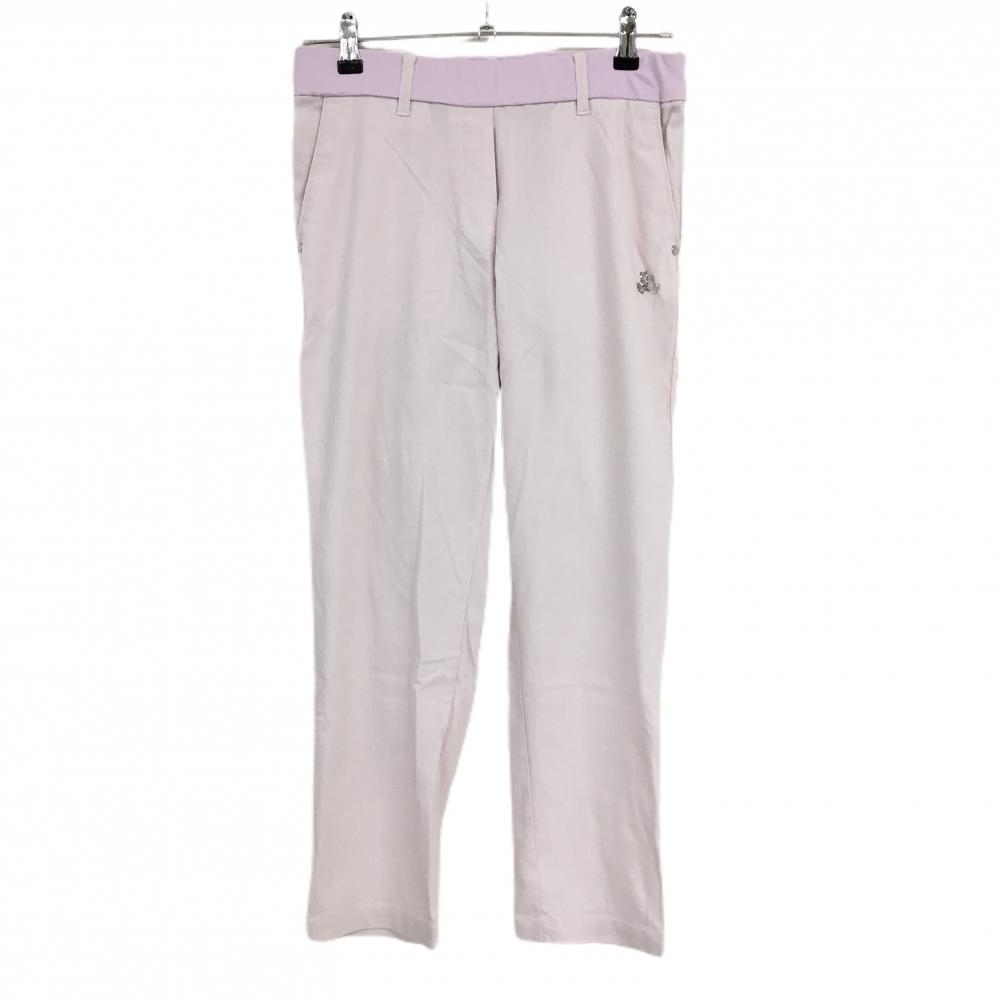 【美品】ブラックアンドホワイト パンツ ピンク×白 織生地 ウエストゴム ラインストーンロゴ レディース M ゴルフウェア Black＆White