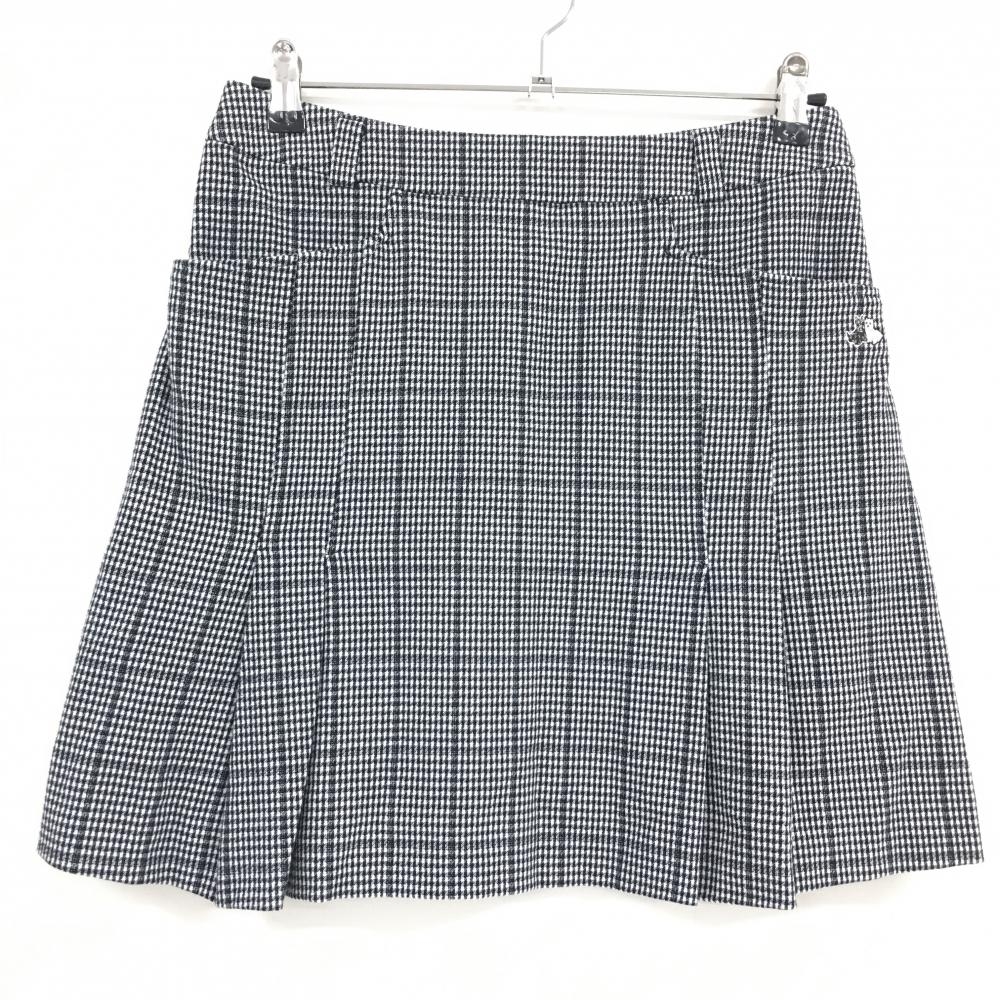 【超美品】ブラックアンドホワイト スカート 白×黒 チェック柄 一部プリーツ ロゴ刺しゅう レディース L ゴルフウェア Black＆White