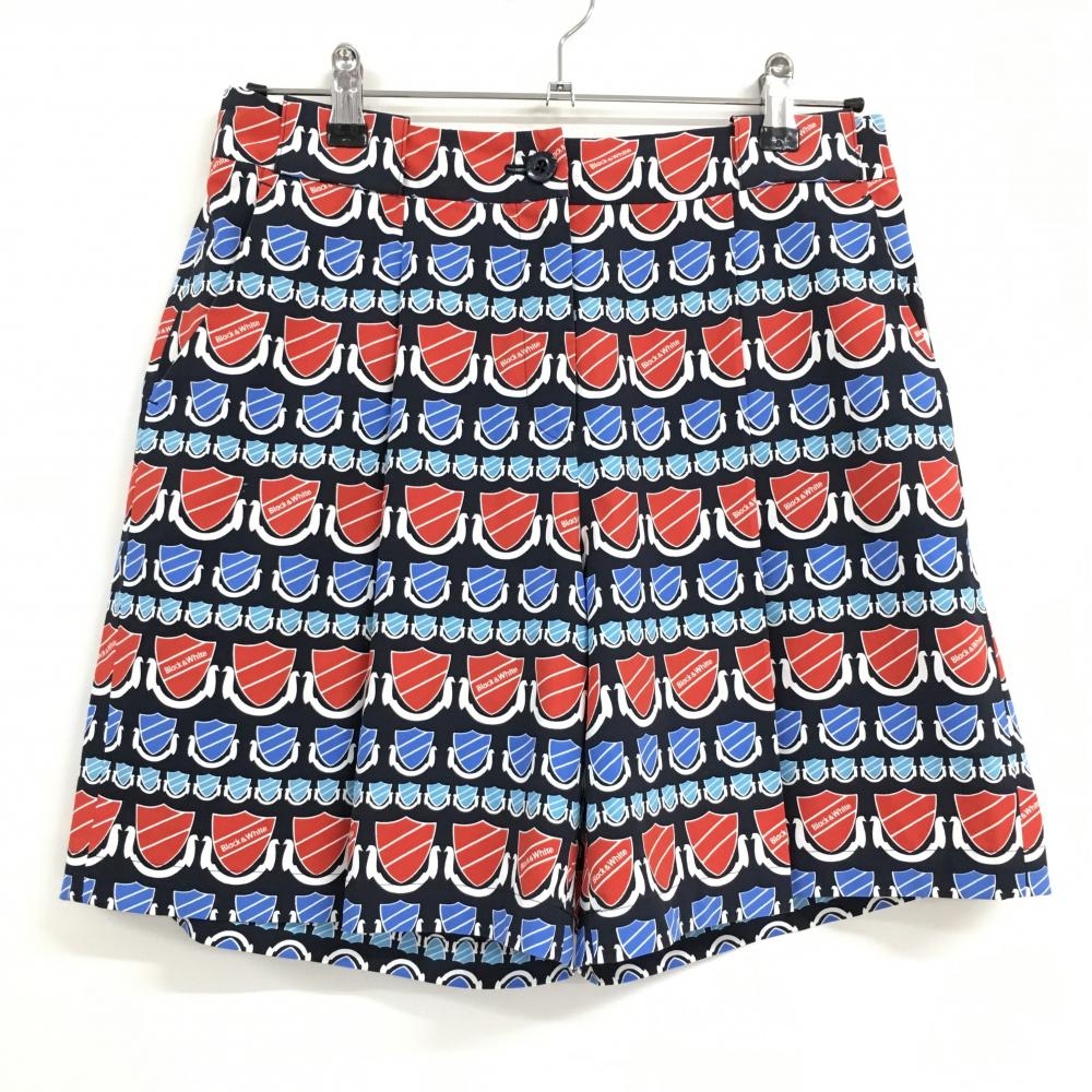 ブラックアンドホワイト キュロットスカート ネイビー×レッド 総柄 バックロゴ レディース L ゴルフウェア Black＆White