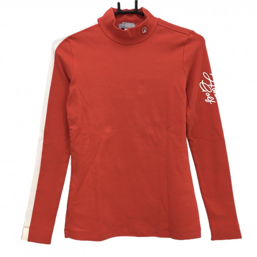 【超美品】ホンマ 長袖ハイネックシャツ オレンジレッド×白 右袖ライン ネックロゴ レディース S ゴルフウェア HONMA