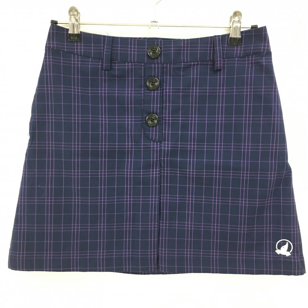 【超美品】ホンマ スカート ネイビー×ピンク 格子柄 フロントフェイクボタン サイドファスナー レディース M ゴルフウェア HONMA