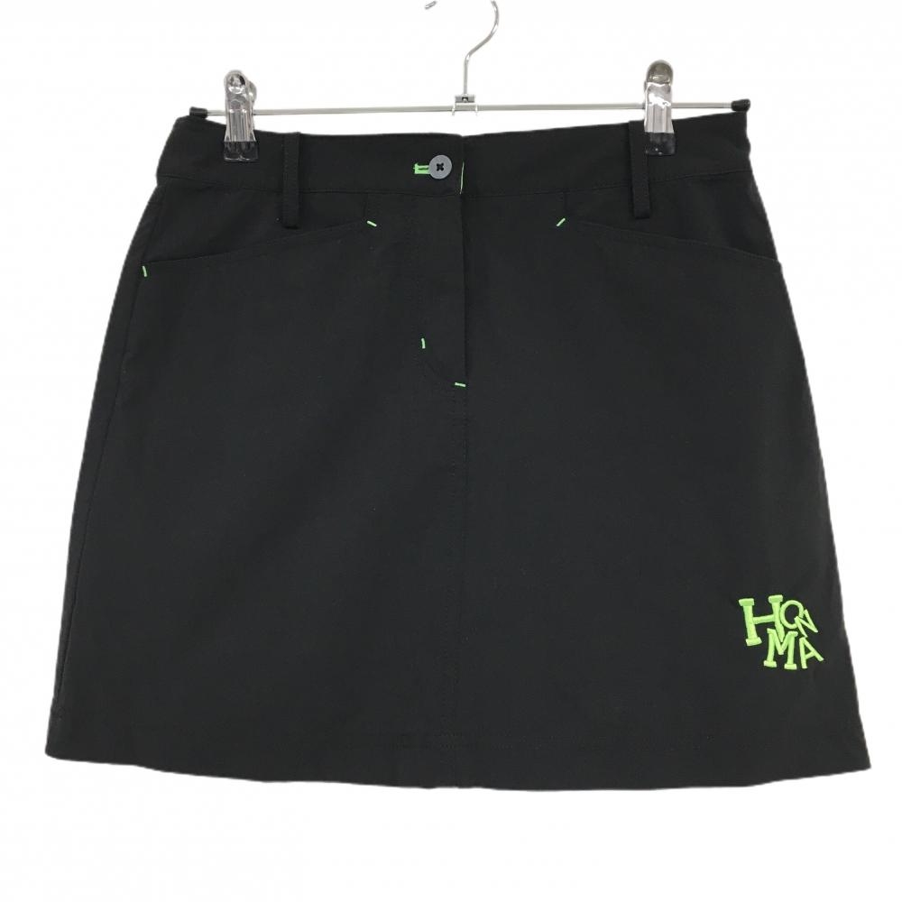 【超美品】ホンマ スカート 黒×蛍光グリーン 裾ロゴ刺しゅう レディース 9 ゴルフウェア HONMA