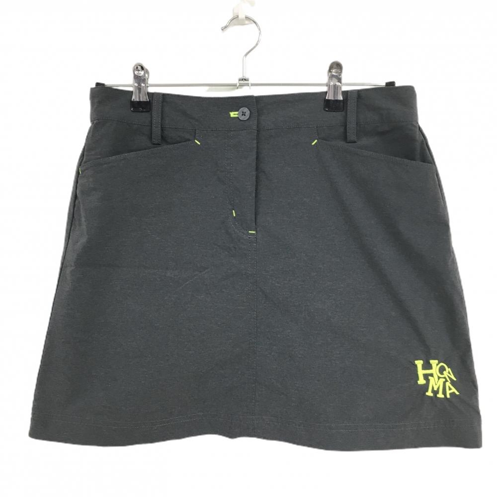 【超美品】ホンマ スカート グレー 蛍光イエロー 裾ロゴ刺しゅう レディース 11　165/72A(L) ゴルフウェア HONMA