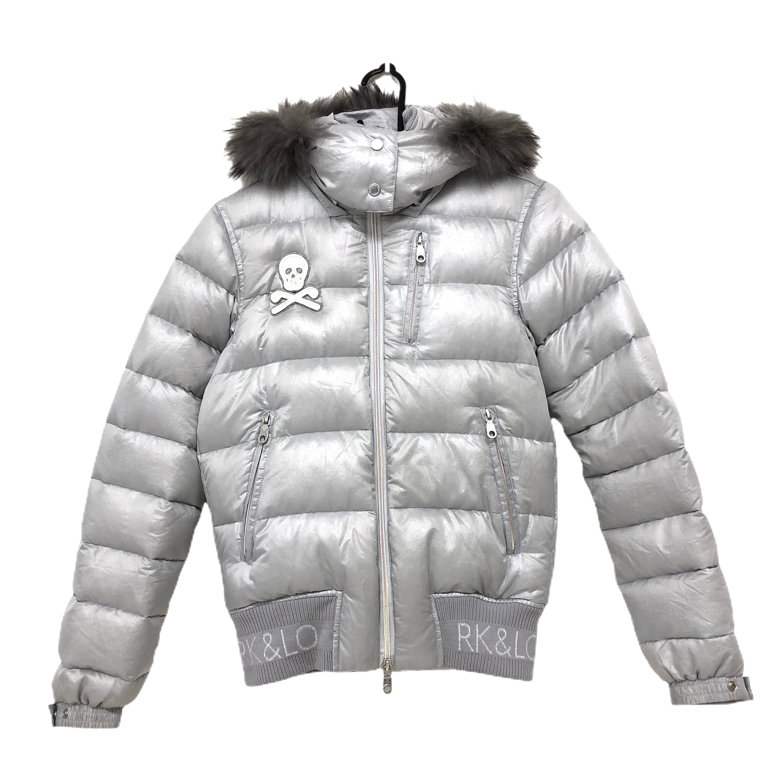 マークアンドロナ 2WAYダウンジャケット ライトグレー 星総柄 フード・ファー着脱可 スカル  レディース S ゴルフウェア MARK＆LONA