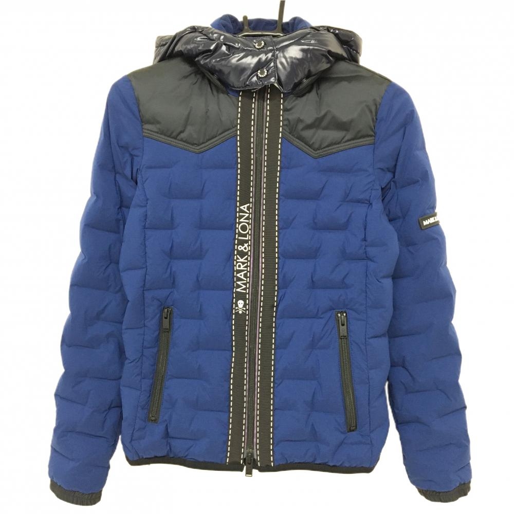 【美品】マークアンドロナ 2WAYダウンジャケット ブルーネイビー系×黒 軽量 フード着脱可  レディース 36(S) ゴルフウェア MARK＆LONA