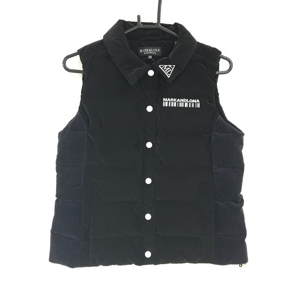 【超美品】マークアンドロナ ダウンベスト 黒 サイド・背面コーデュロイ スナップボタン ロゴ  レディース 38(M) ゴルフウェア MARK＆LONA
