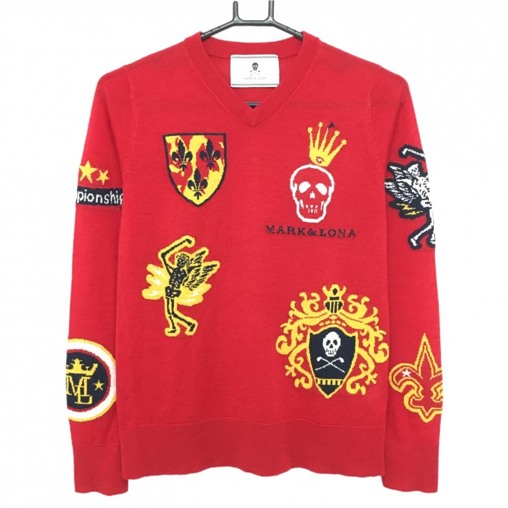 マークアンドロナ セーター レッド×イエロー Vネック スカル 韓国モデル ニット レディース M ゴルフウェア MARK＆LONA