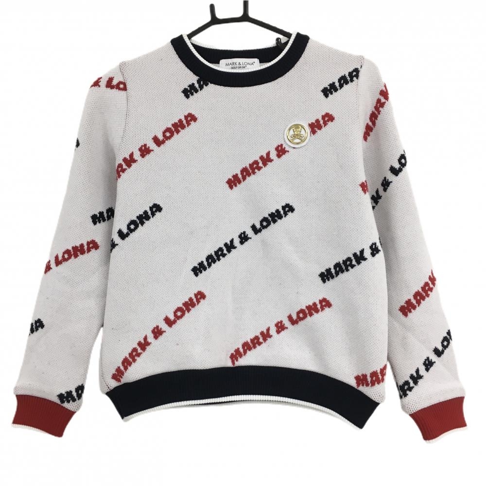 マークアンドロナ セーター 白×レッド ロゴ総柄 ニット ウール混 裏地付  レディース 36(S) ゴルフウェア MARK＆LONA