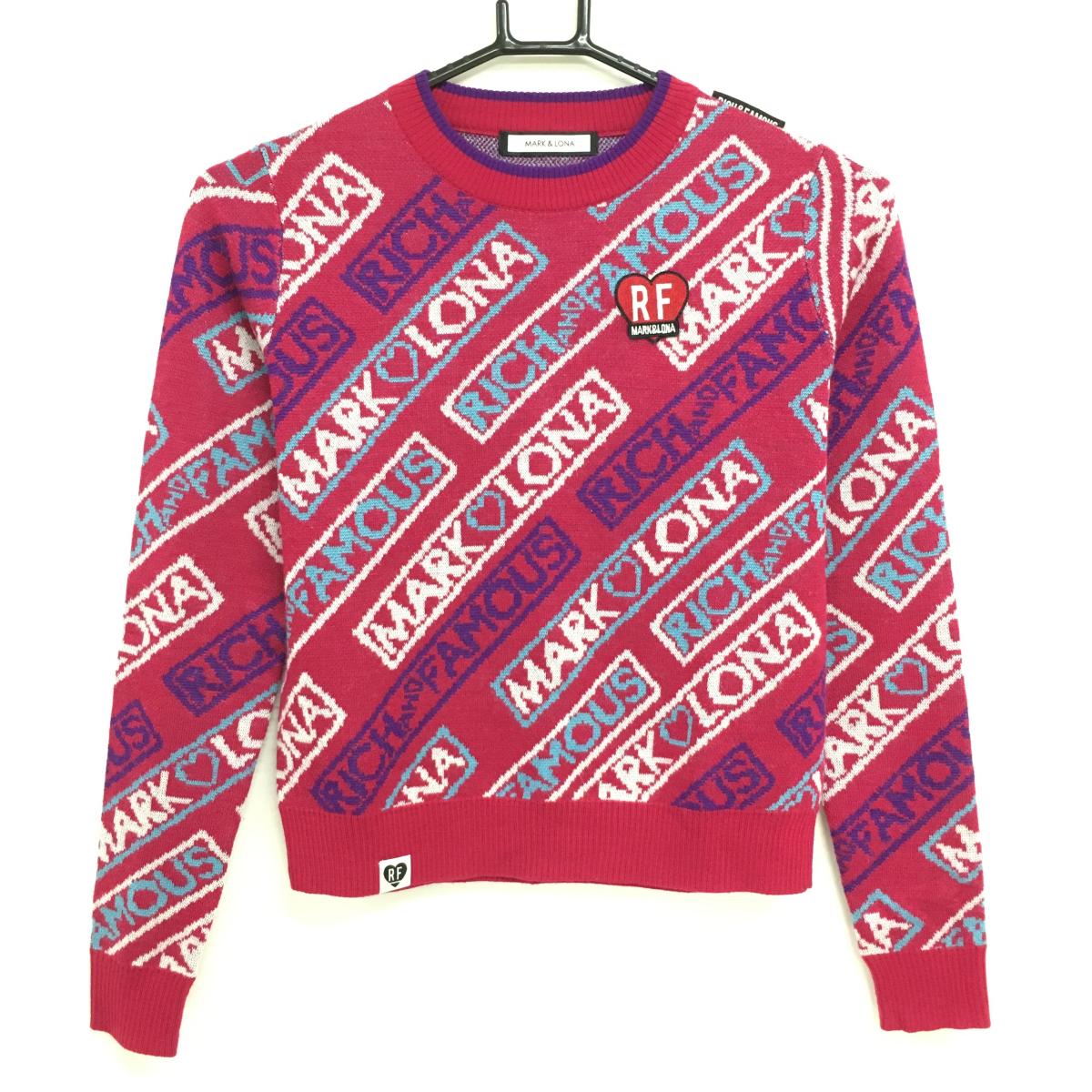 【超美品】マークアンドロナ セーター ダークピンク×白 斜めロゴ総柄 ウール混 RICH&FAMOUS レディース 36(S) ゴルフウェア MARK＆LONA