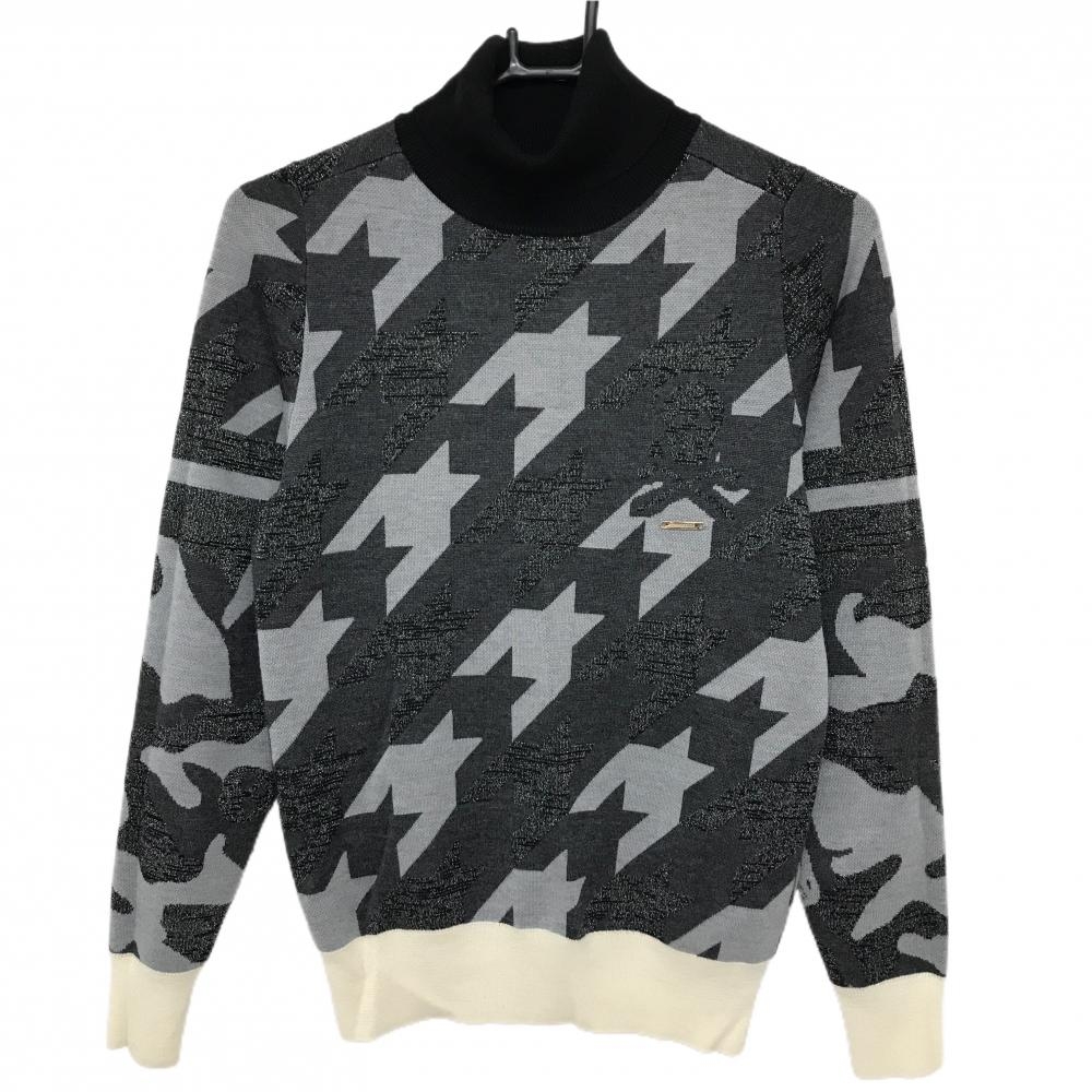 【超美品】マークアンドロナ タートルネックセーター グレー×白 千鳥格子 ニット ウール混 スカル レディース M ゴルフウェア MARK＆LONA