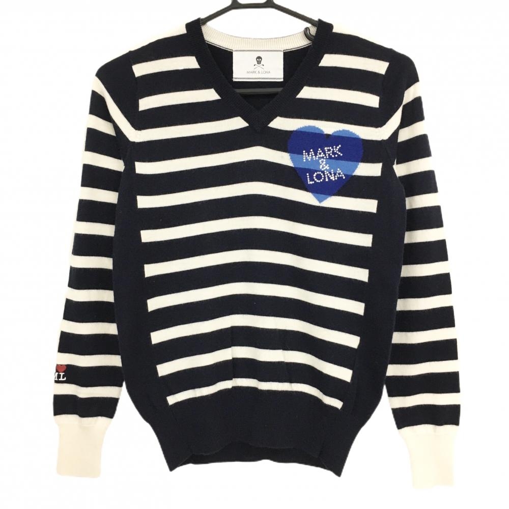 【美品】マークアンドロナ セーター ネイビー×白 ボーダー ハート ラインストーン ニット ウール混 レディース S ゴルフウェア MARK＆LONA