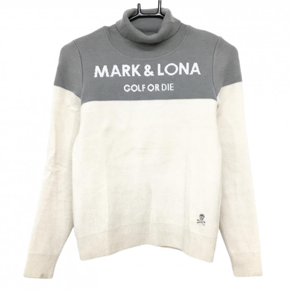 マークアンドロナ ハイネックセーター 白×グレー ロゴ ニット レディース 36(S) ゴルフウェア MARK＆LONA