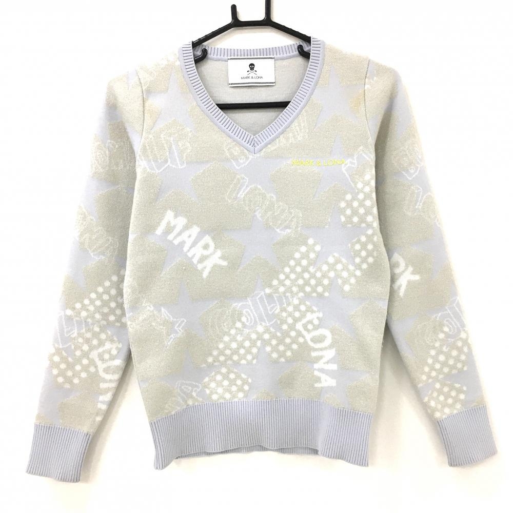 マークアンドロナ セーター ライトブルー×白 総柄 一部ドット ウール混 ニット Vネック レディース 36(S) ゴルフウェア MARK＆LONA