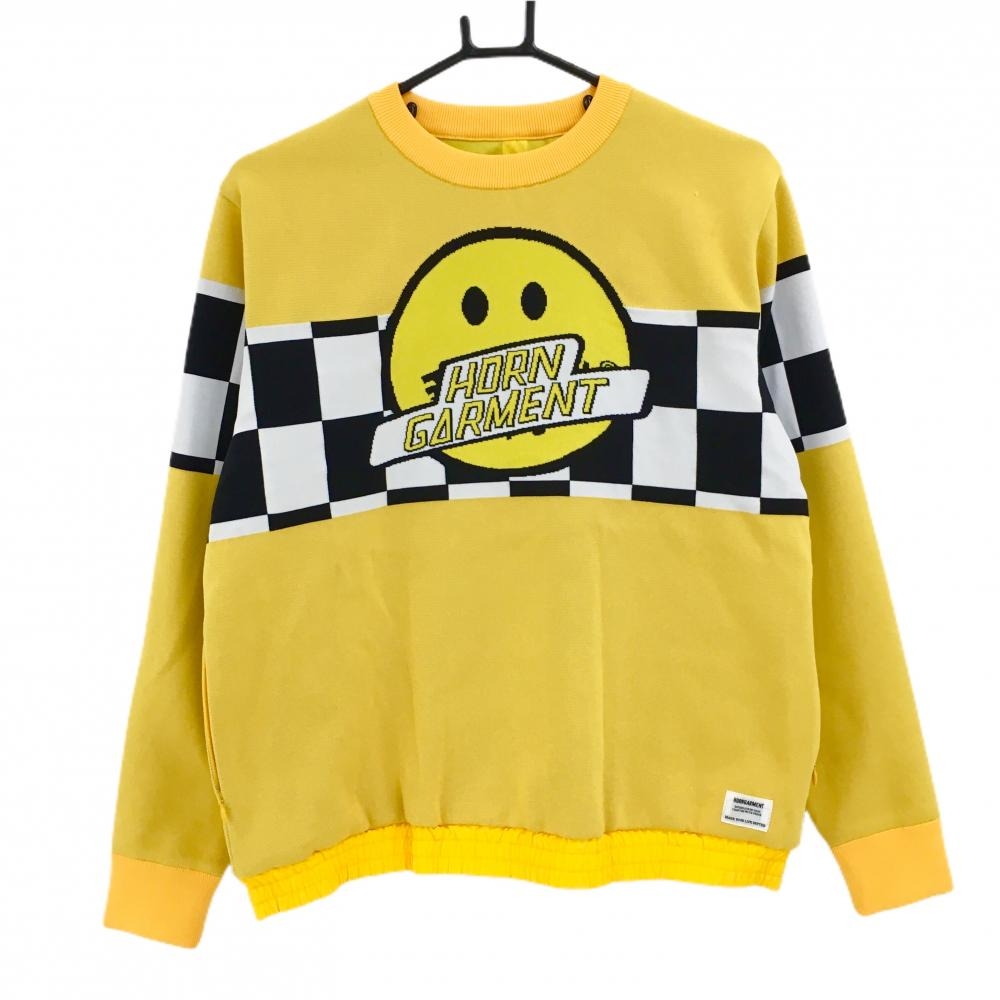 【美品】ホーンガーメント セーター イエロー×白×黒 一部ブロックチェック マークアンドロナ レディース 40(L) ゴルフウェア MARK＆LONA
