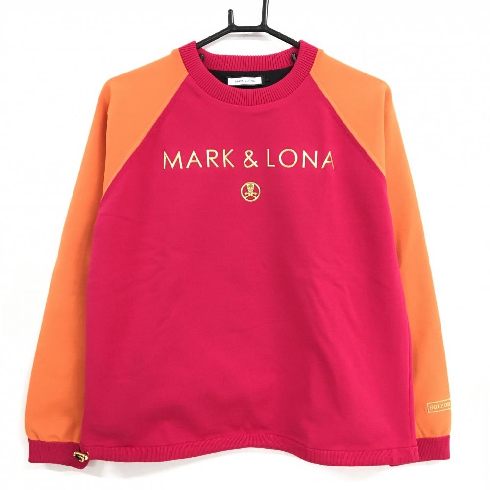 【超美品】マークアンドロナ 裏地付セーター ピンク×オレンジ ロゴゴールド  レディース 40(L) ゴルフウェア MARK＆LONA