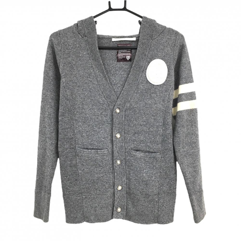【美品】マークアンドロナ　フード付ニットカーディガン  グレー×アイボリー ウール混 レディース S ゴルフウェア MARK＆LONA