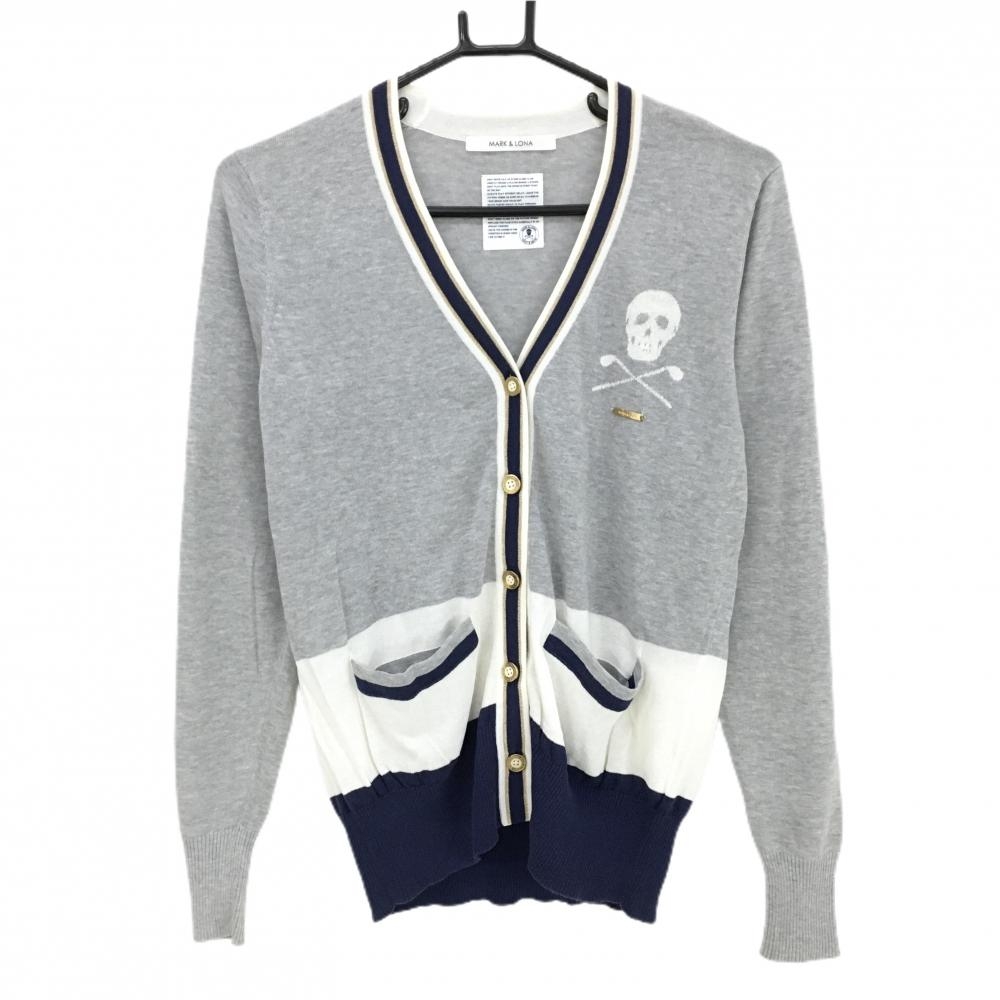 マークアンドロナ ニットカーディガン グレー×ネイビー スカル コットン混 Vネック  レディース WM ゴルフウェア MARK＆LONA