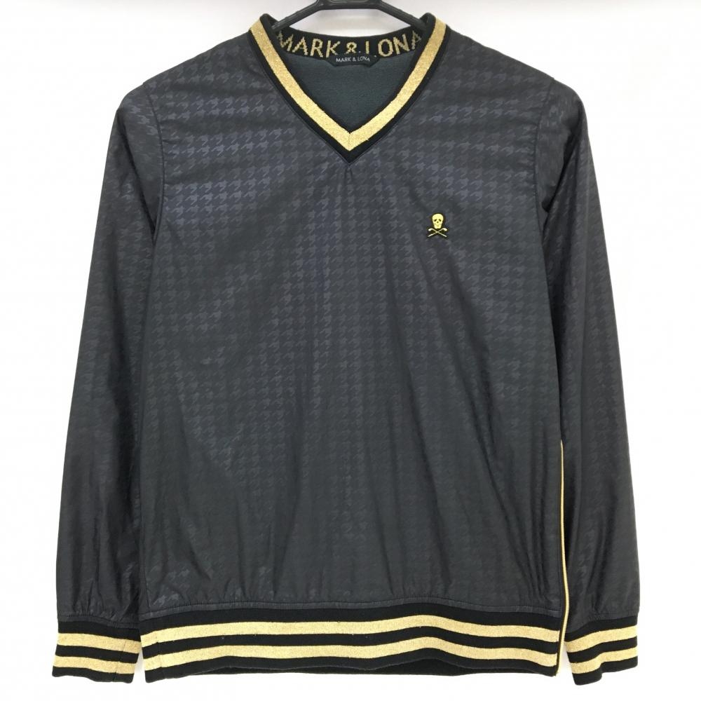 【美品】マークアンドロナ スニード 黒×ゴールド 千鳥格子地模様 裏起毛 ブルゾン レディース S ゴルフウェア MARK＆LONA