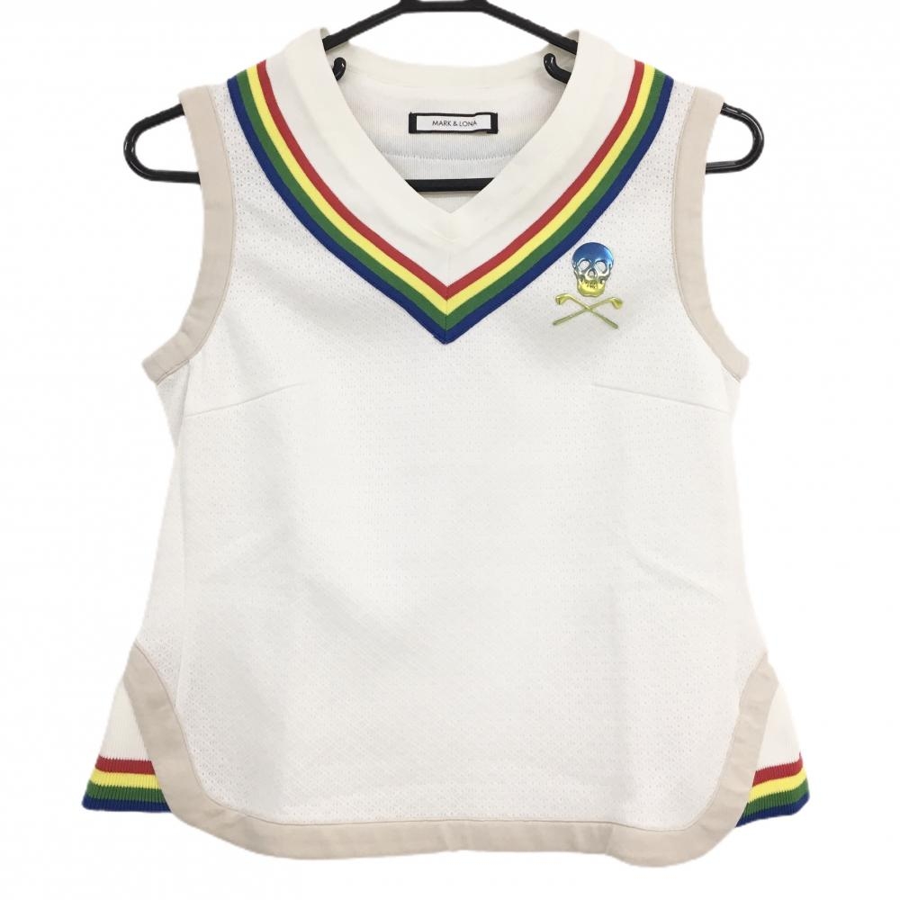 【美品】マークアンドロナ ニットベスト 白×マルチカラー メッシュ生地 透け感 Vネック スカル レディース 38(M) ゴルフウェア MARK＆LONA